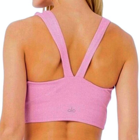 Alo Yoga Alosoft Aura Ribbed Bra Tank Blush Pink S Yoga Workout Crop Top - Picture 2 of 8